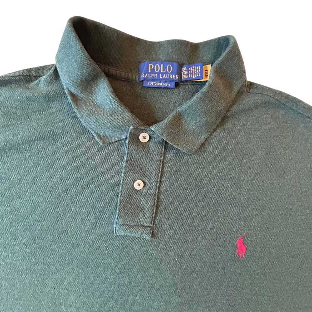 Polo Ralph Lauren Mens XXL Custom Slim Fit Polo Shirt Green Pink Pony Cotton EUC